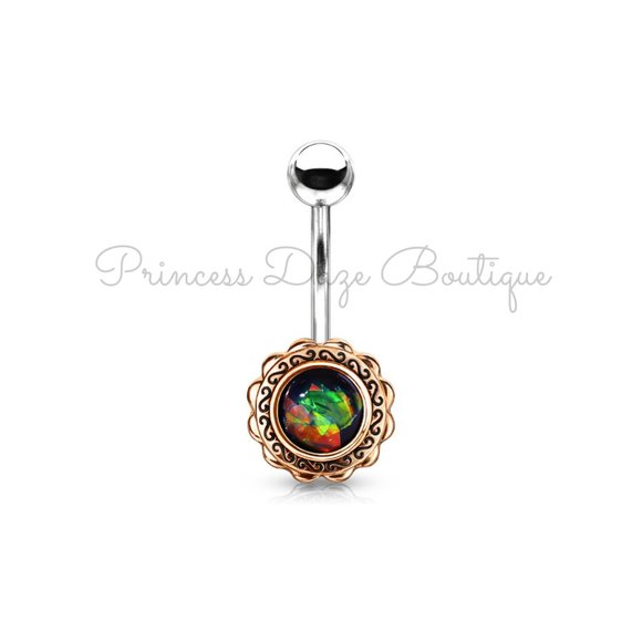 Rose Gold Filigree Flower with Green Opal Glitter Center Belly Button Ring - Picture 1 of 1